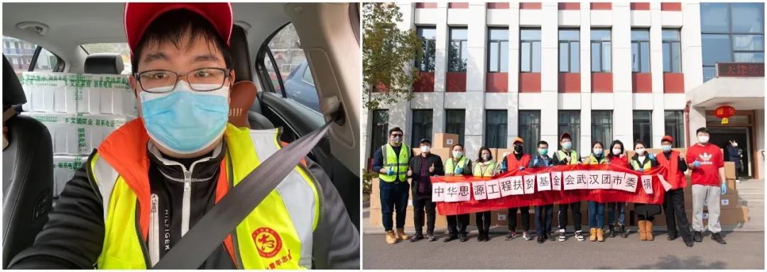 左圖：10輛轎車后座和后備箱堆滿了菜，出發送給社區；右圖：各位志愿者協助接收消毒防護物資